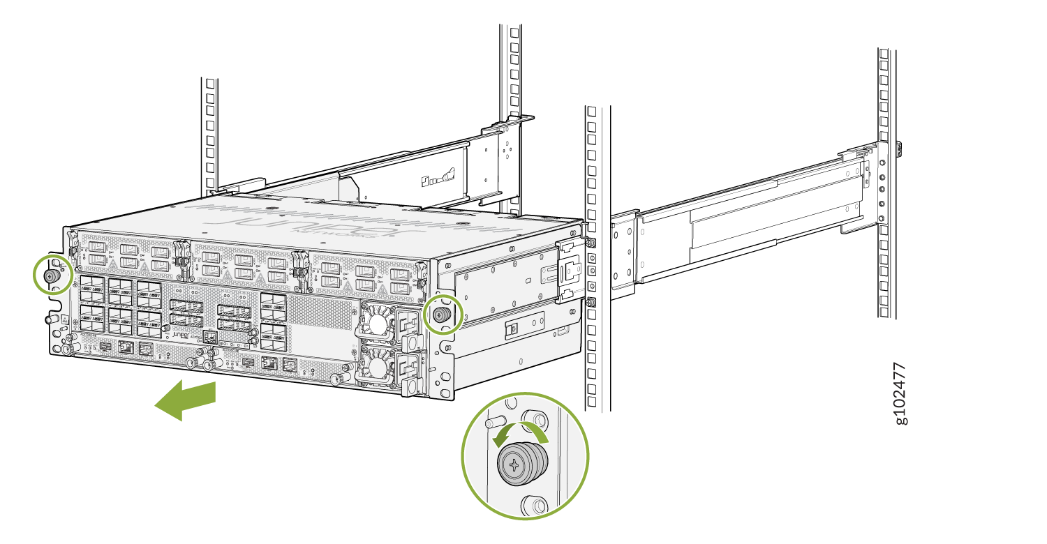 Server device on sliding rails in a rack, with green circles on screws or knobs and a green arrow indicating movement direction.