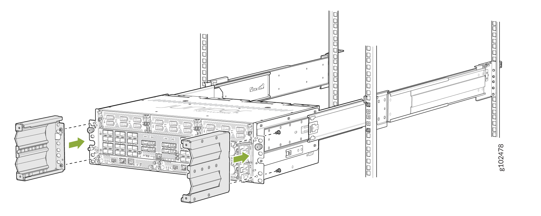 Rack-mounted server being installed or serviced with green arrows indicating side panel movement.