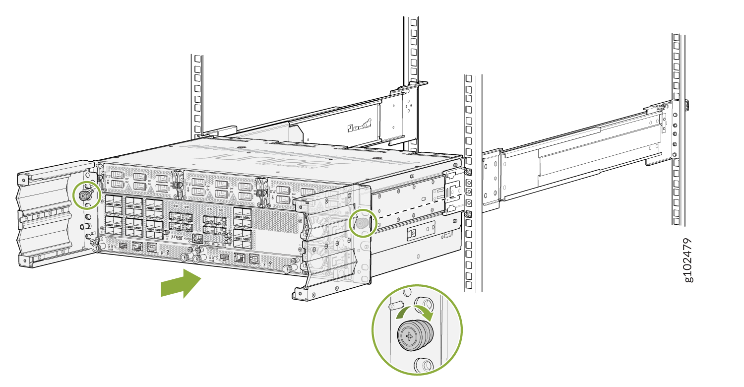 Server mounted in rack with sliding rails, partially extended for component access. Green circles highlight screws for securing or locking server. Green arrow shows pull-out direction for maintenance.