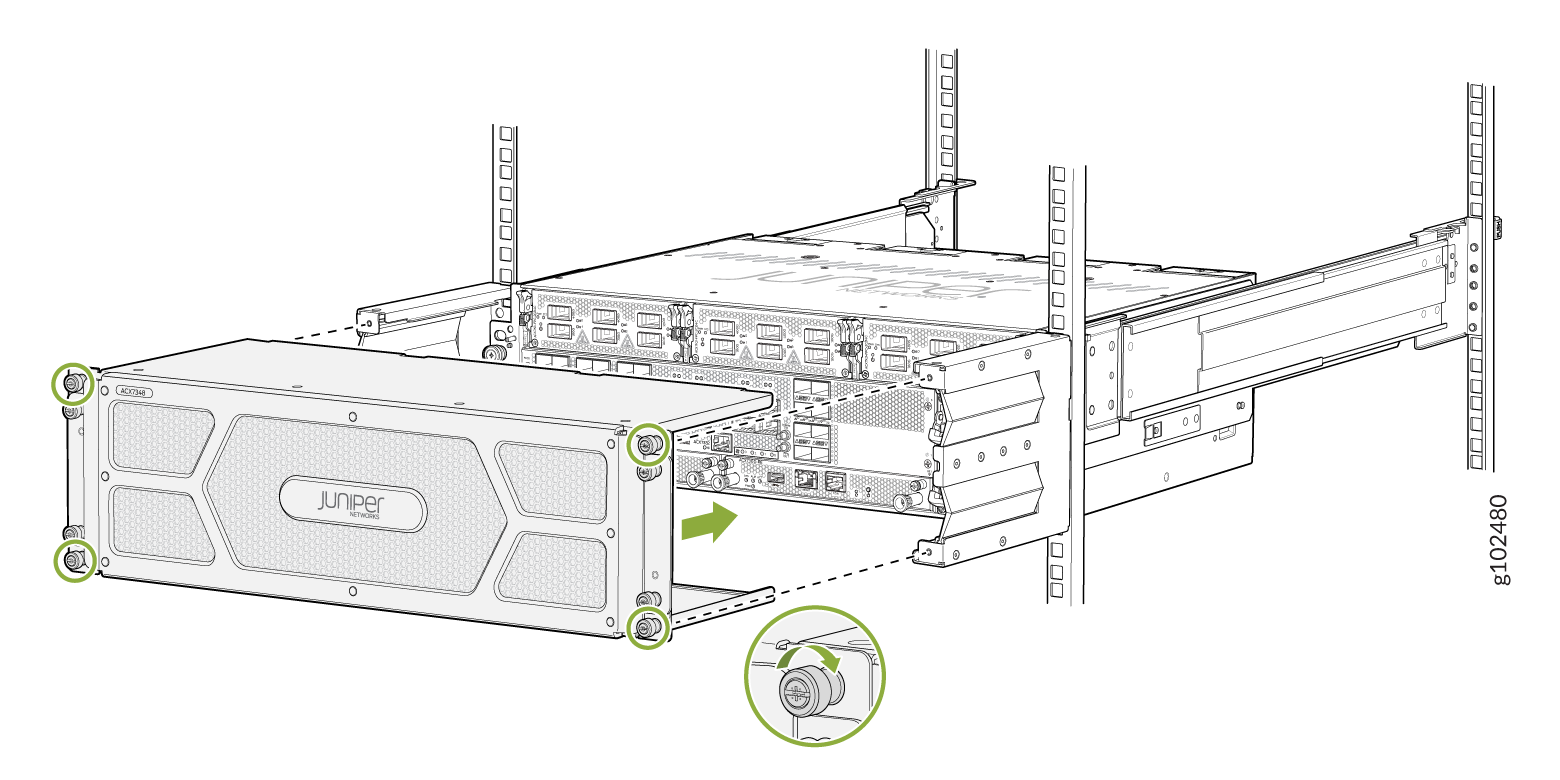 Securing a Juniper Networks ACX Series router to a rack using screws highlighted in green circles.