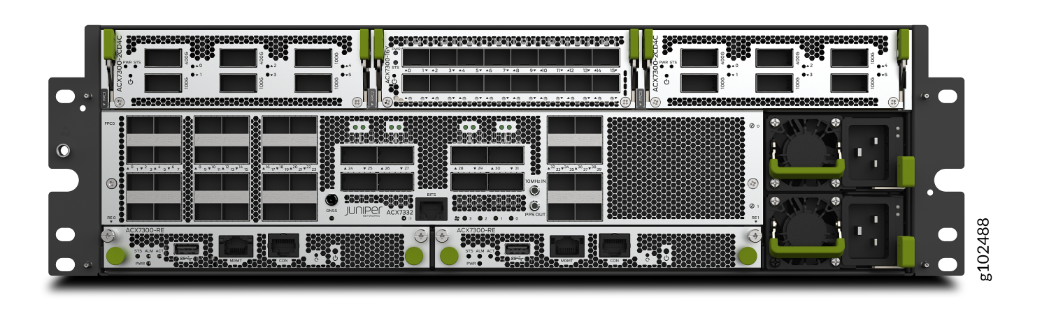 Juniper Networks ACX7532 router with multiple ports, cooling fans, power supplies, and management interfaces for large-scale networking.