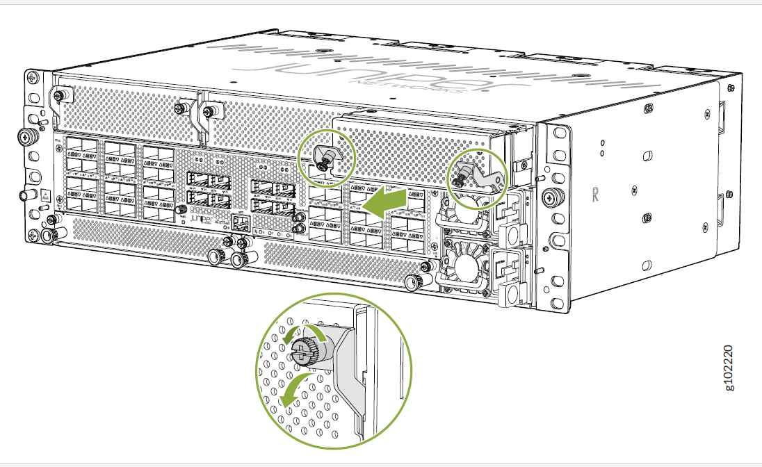 Rear panel of a network device with ports, slots, and ventilation. Circles and arrows highlight securing or removing parts.