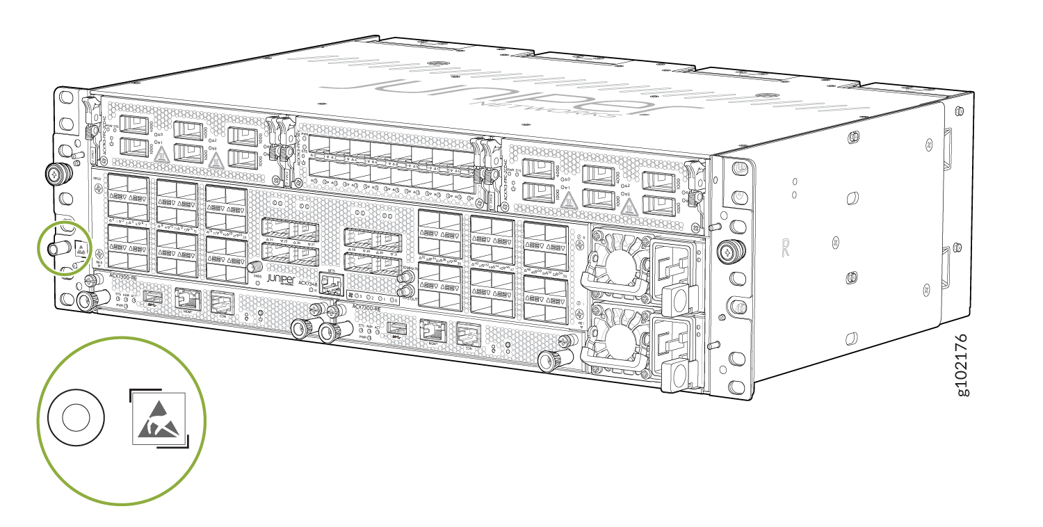 Juniper Networks ACX7100-32C router with high-speed ports, cooling fans, redundant power supplies, management ports, warning symbols, and mounting brackets.