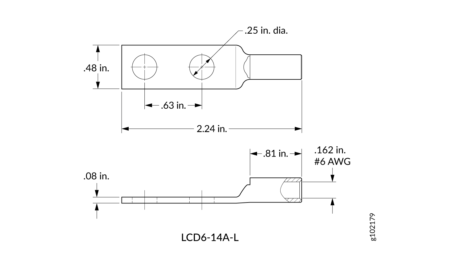 Physical Specifications of ACX7348 DC Power Cable Lugs