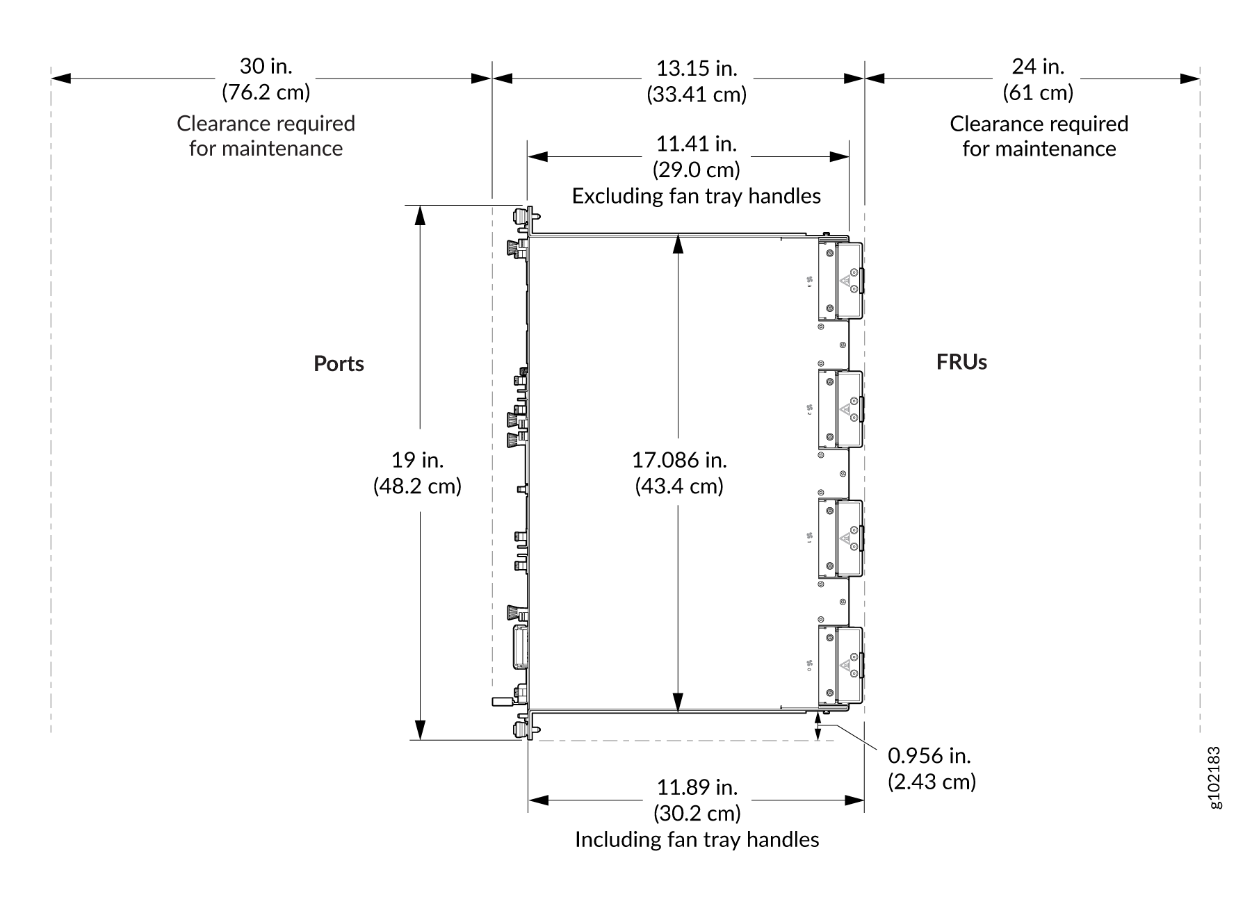 Chassis Dimensions and Clearance Requirements for Hardware Maintenance of ACX7348 Routers
