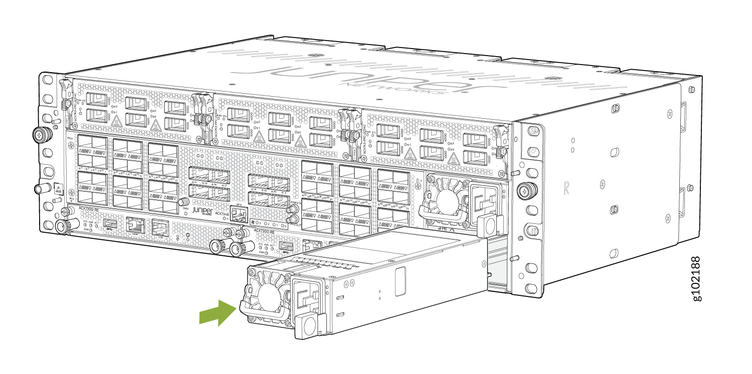 Rear view of a Juniper Networks ACX Series router highlighting the modular design and PSU insertion with a green arrow.