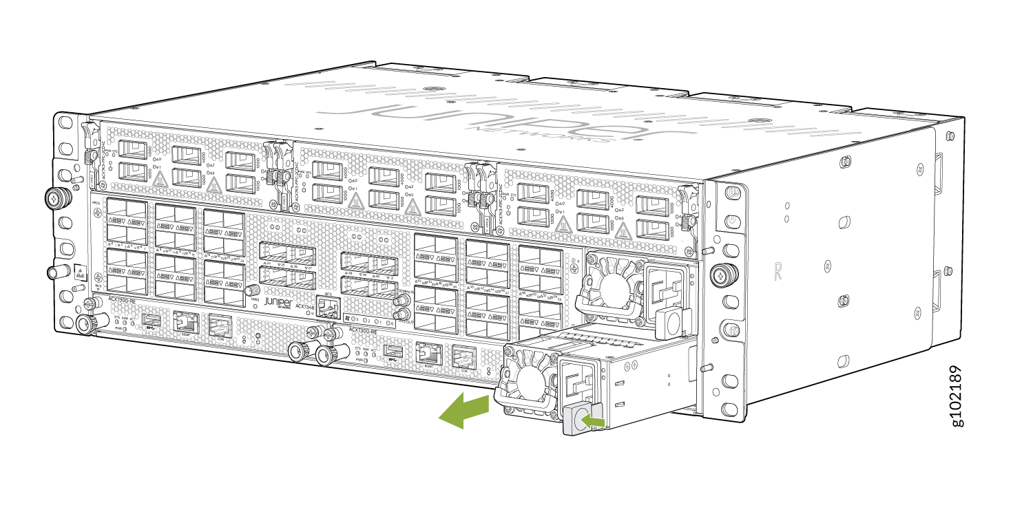 Rear view of Juniper Networks ACX5000 router showing ports, fan modules, and components. Green arrow indicates fan module removal or insertion.