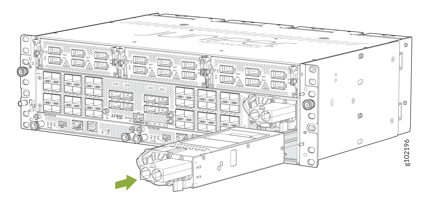 Rear view of Juniper Networks ACX7000 Series router with modular components like ports, cooling fans, power supplies; module being inserted or removed.