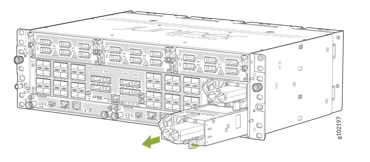 Rear view of Juniper Networks ACX7000 Series router showing modular components with green arrows indicating power supply insertion or removal.