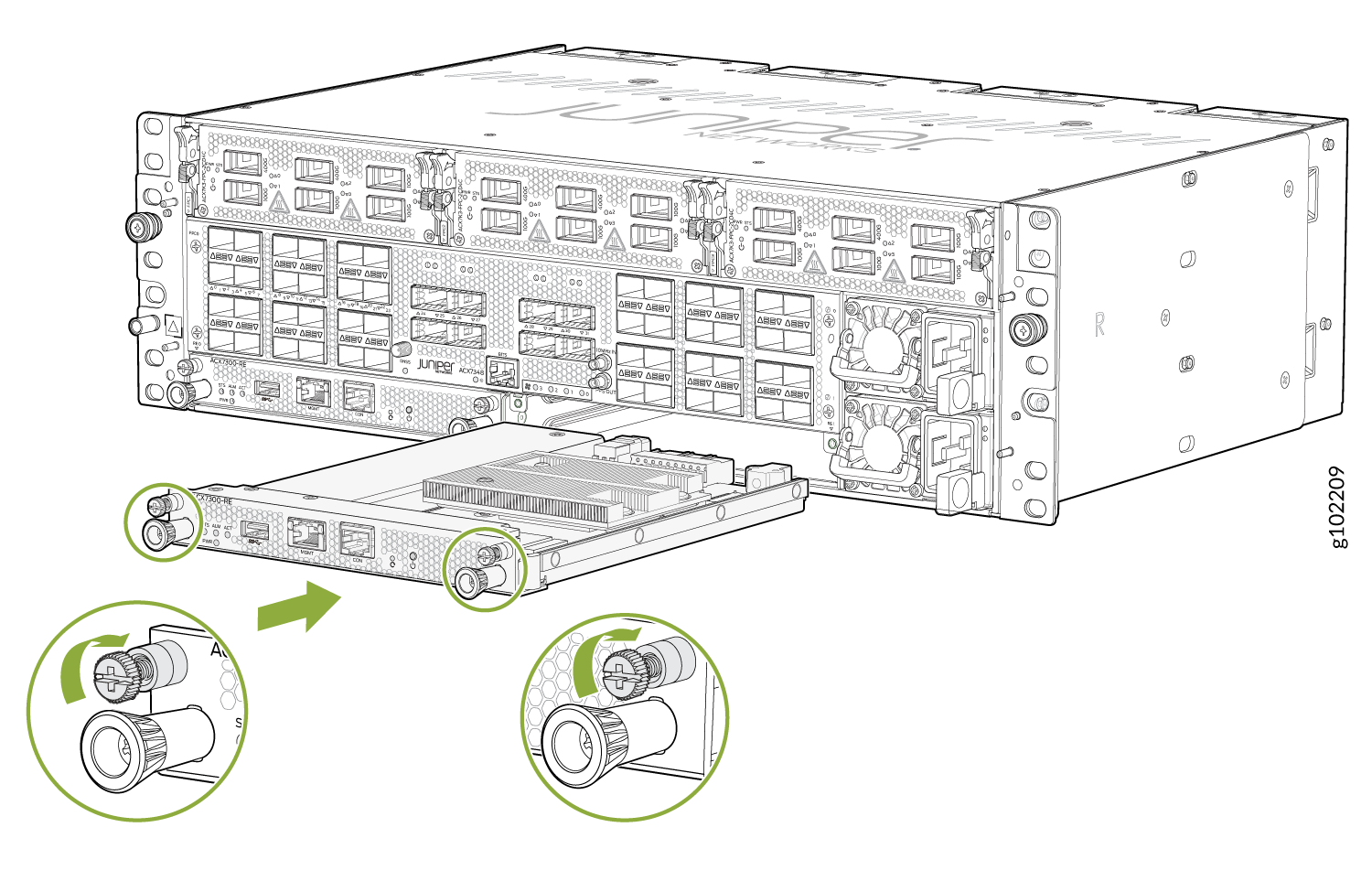 Modular router chassis from Juniper Networks with a line card being inserted. Green arrows show locking mechanism steps.