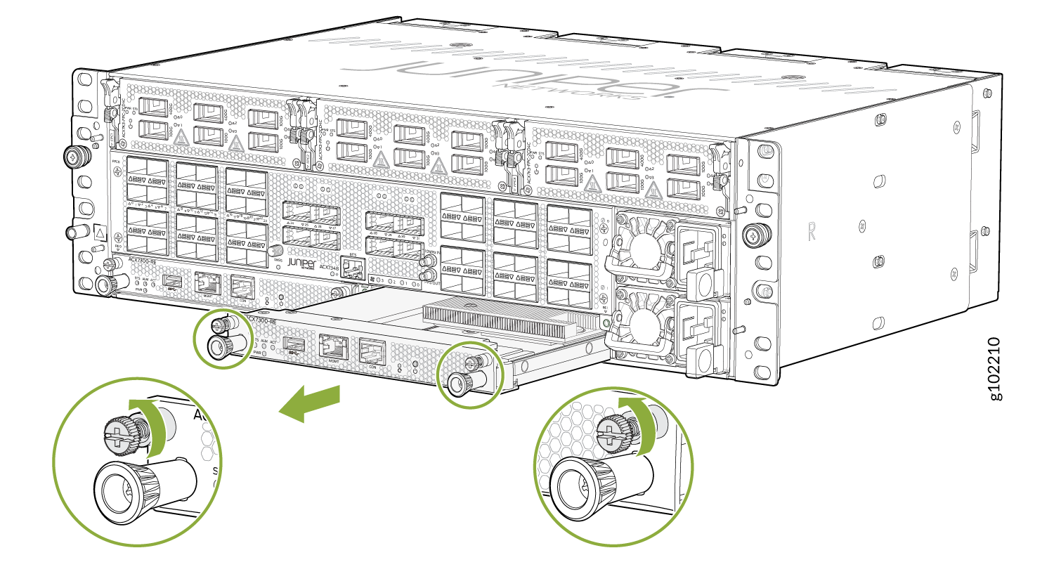 Technical illustration of Juniper Networks router rear panel, highlighting component securing or removal using screws and latches.