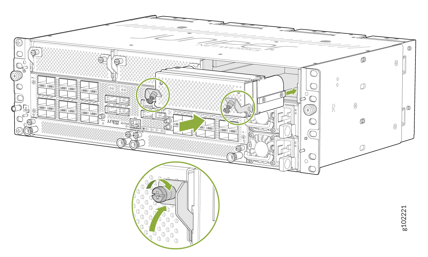 Installing or removing a module from a Juniper Networks device with arrows showing movement and details of locking mechanism.