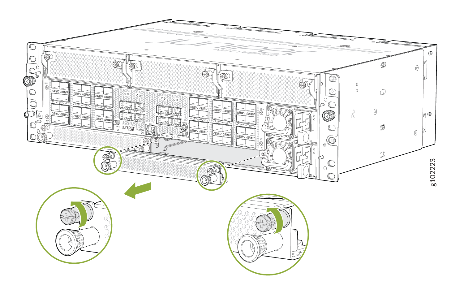 Juniper Networks ACX710 router front panel illustration with highlighted components and arrows for screw adjustments.