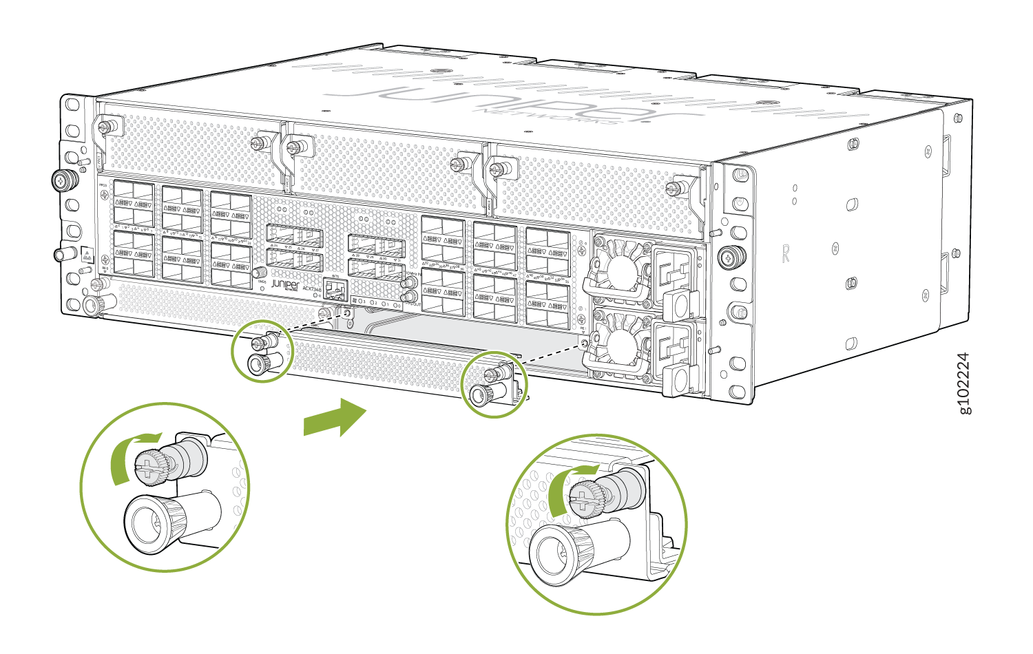 Juniper Networks device front panel with ports and slots, includes insets showing component adjustments with directional arrows.