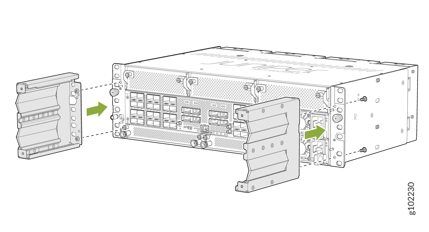 Technical illustration of a Juniper Networks device with side panels being installed or removed, green arrows show panel movement, rear shows ports and connectors.