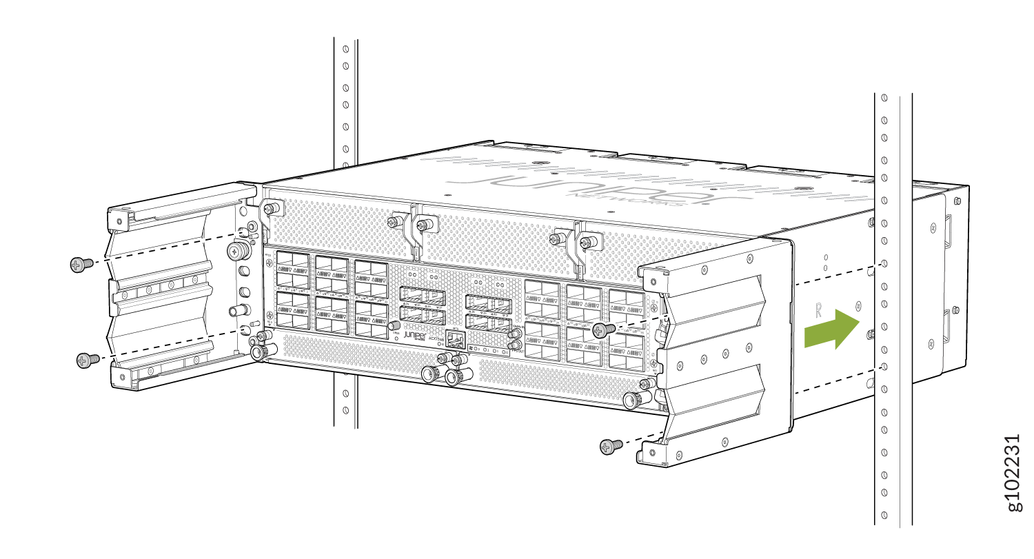 Juniper Networks device installation in rack with front panel ports visible and green arrow indicating sliding direction.
