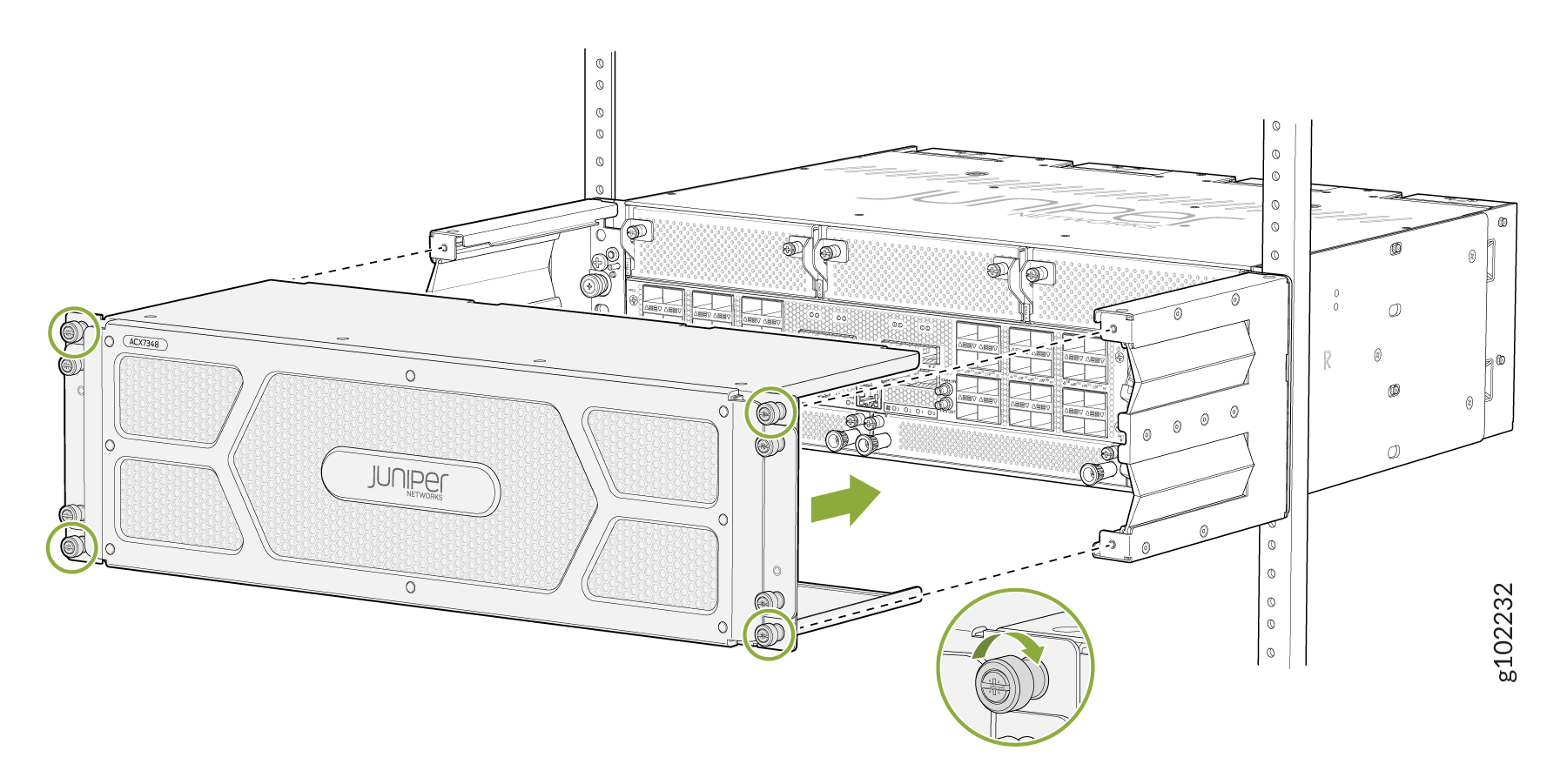 Juniper Networks ACX7348 router installation showing front panel screws and brackets with green circles highlighting screws.