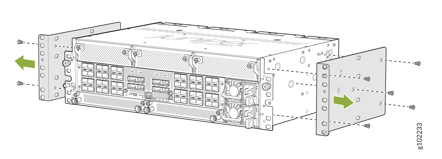 Rack-mounting process for a Juniper Networks device with brackets attached to sides using screws and green arrows indicating direction.