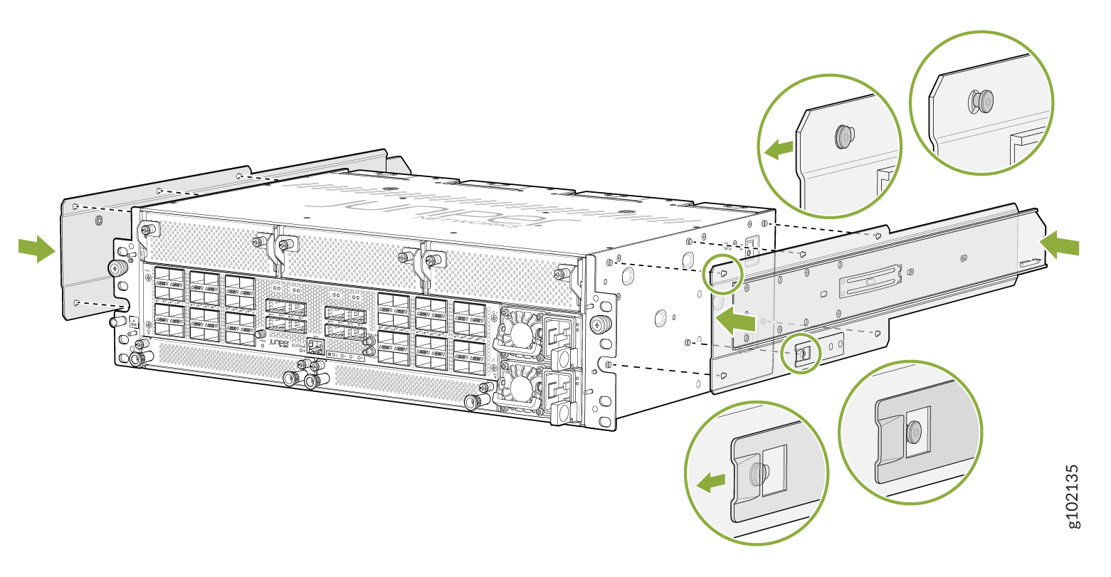 Rack-mounted network device installation process with green arrows and zoomed-in sections showing alignment, screws, and clips.