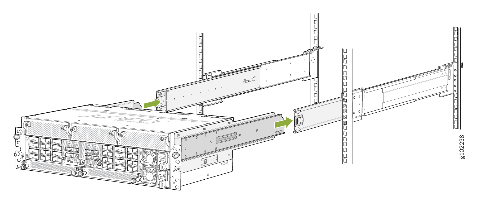 Rack-mounted server being inserted into rack rails with green arrows indicating direction of movement.