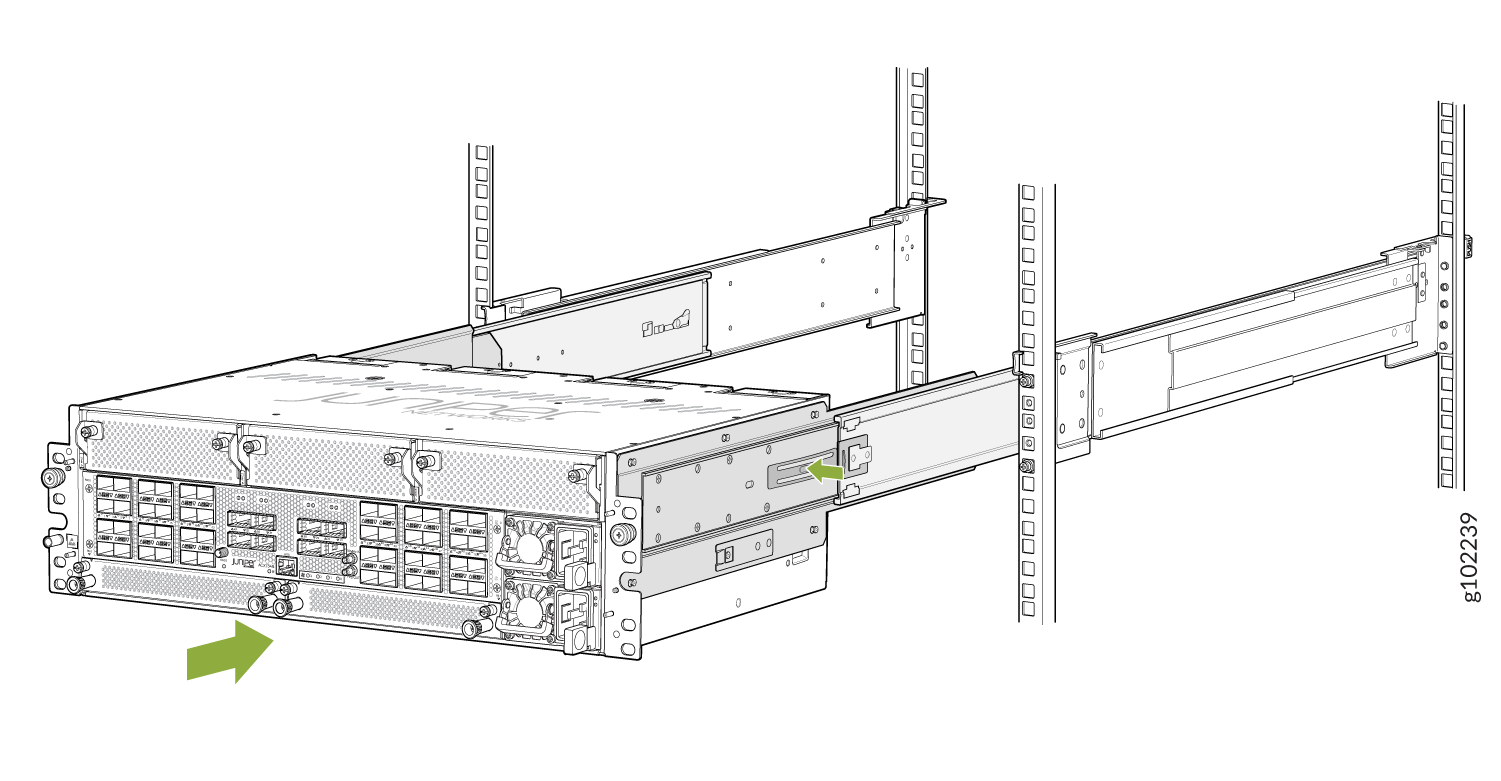Network switch being installed on sliding rails in a data center rack with green arrows indicating sliding direction.