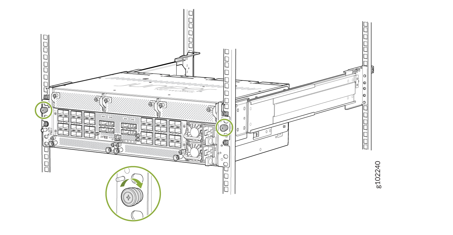Server equipment on a rack with green circles highlighting fasteners. Inset shows close-up of a fastener for locking equipment.