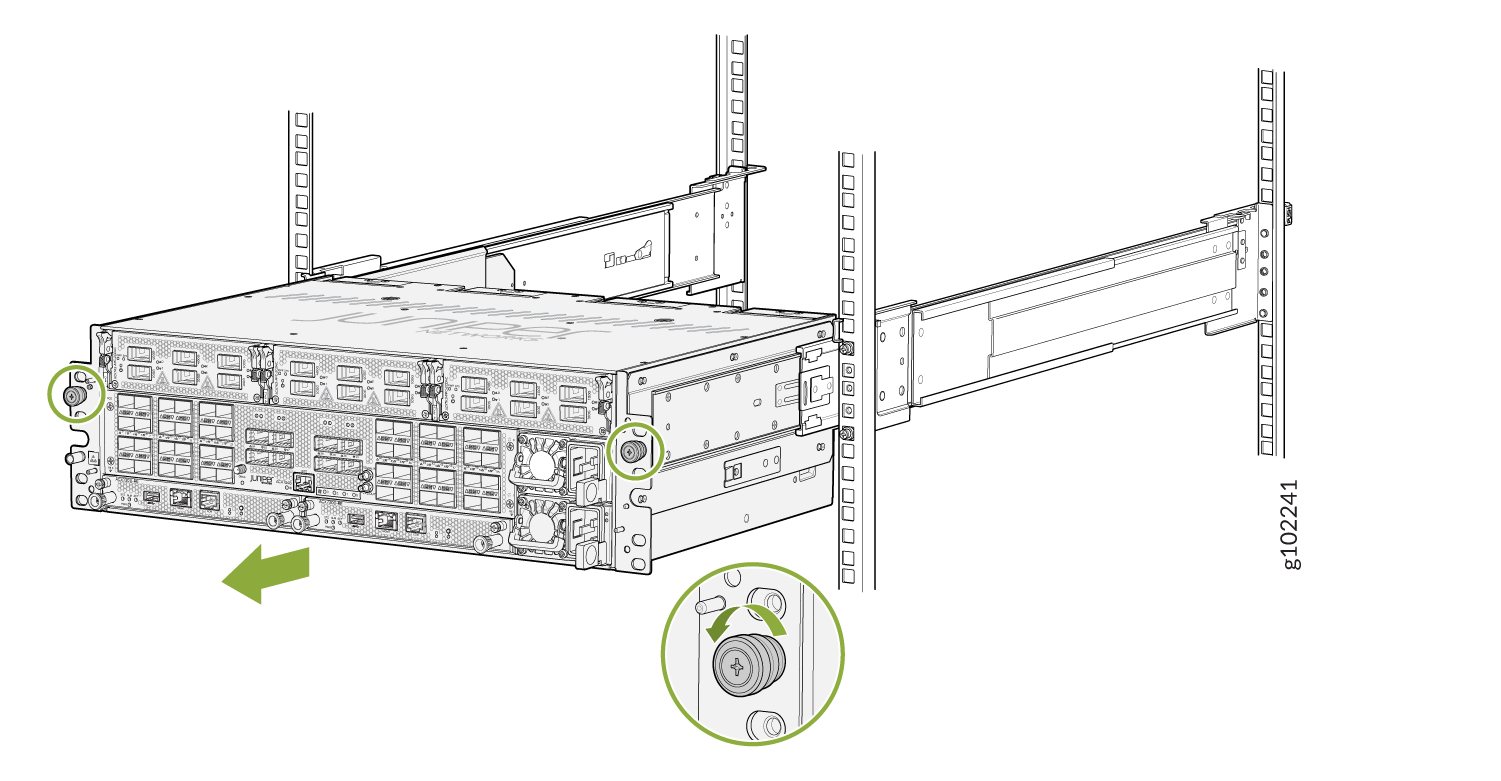 Server being installed or removed from rack on sliding rails with green circles highlighting components like screws or knobs.