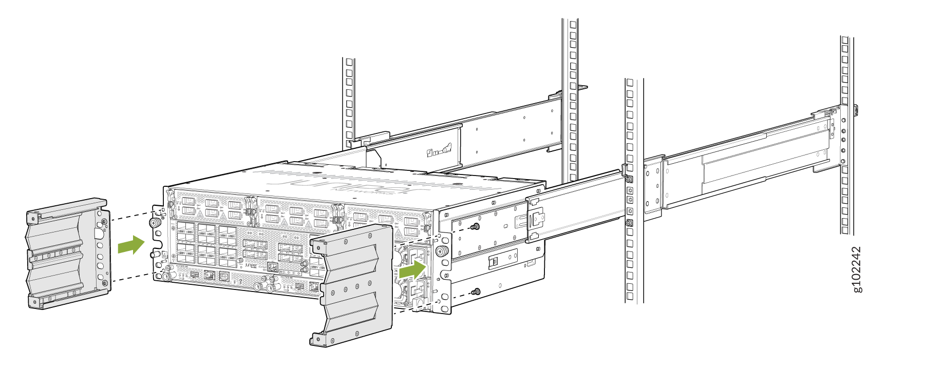 Technical illustration of installing or removing a server from a rack with sliding rails and directional arrows for panel attachment.