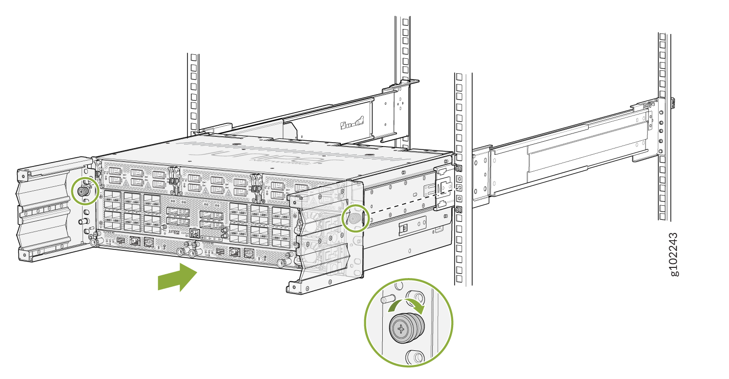 Server mounted on sliding rails in a rack with green circles highlighting fasteners. Green arrow shows slide-out direction.