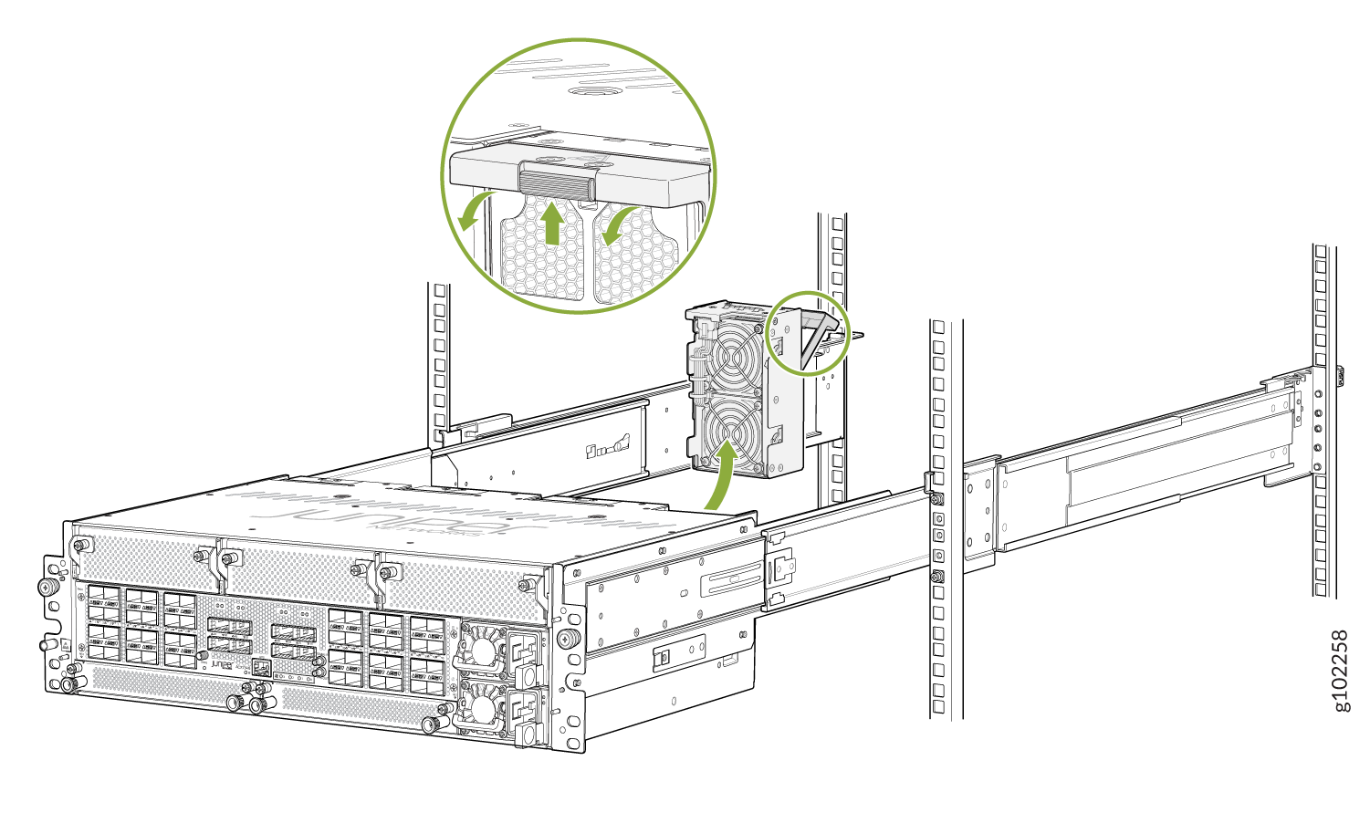 Technical illustration of a fan module being removed or inserted in rack-mounted network equipment, arrows show direction.