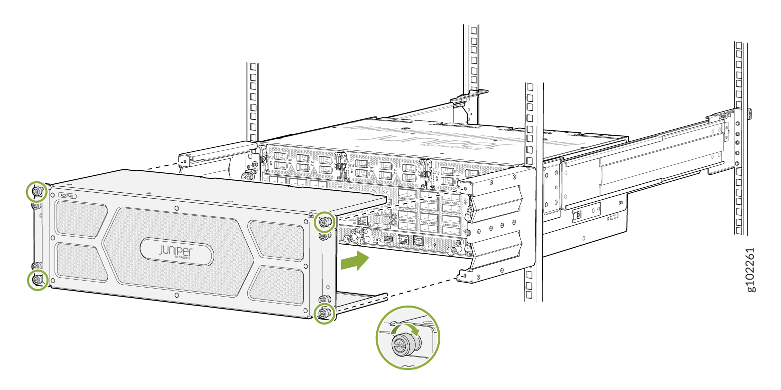 Removing front panel of rack-mounted Juniper Networks device. Green circles indicate screws to loosen. Arrow shows detaching direction.