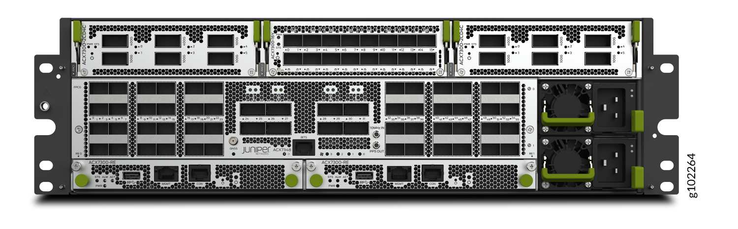 Juniper Networks ACX7348 router with interface slots, cooling fans, power supplies, and management ports for high-performance networking.