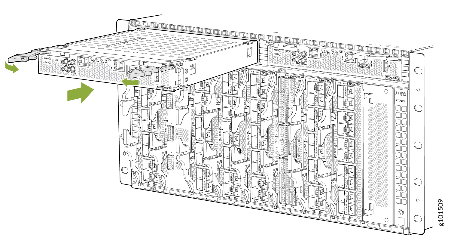 Juniper Networks ACX7509 router chassis showing Routing Engine module removal or insertion with green arrows indicating direction.