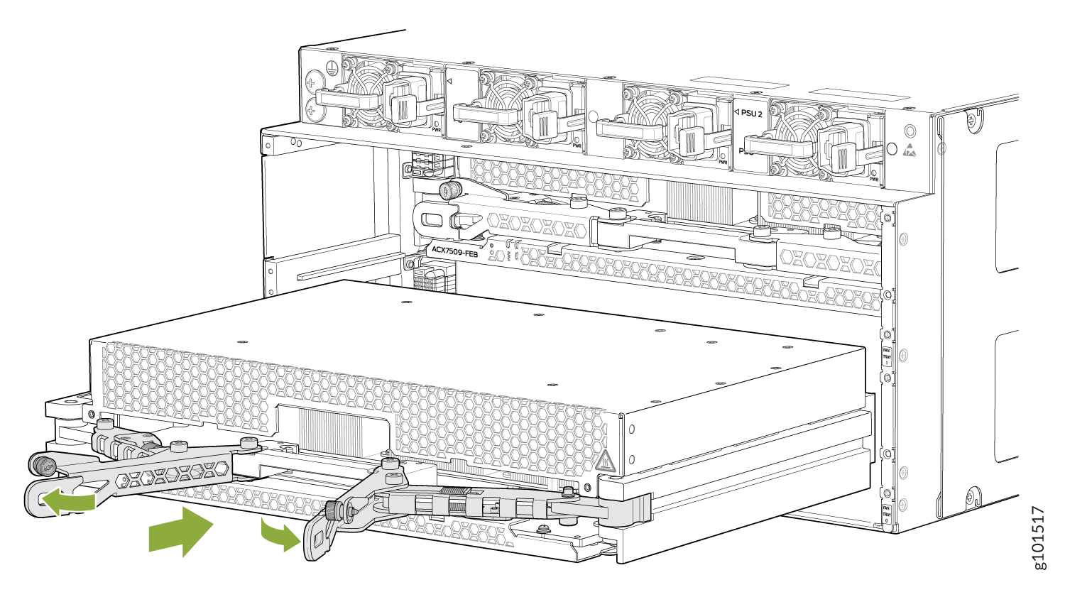 Technical illustration of a modular network device showing the removal of an ACX7509-FEB module with green arrows indicating direction.
