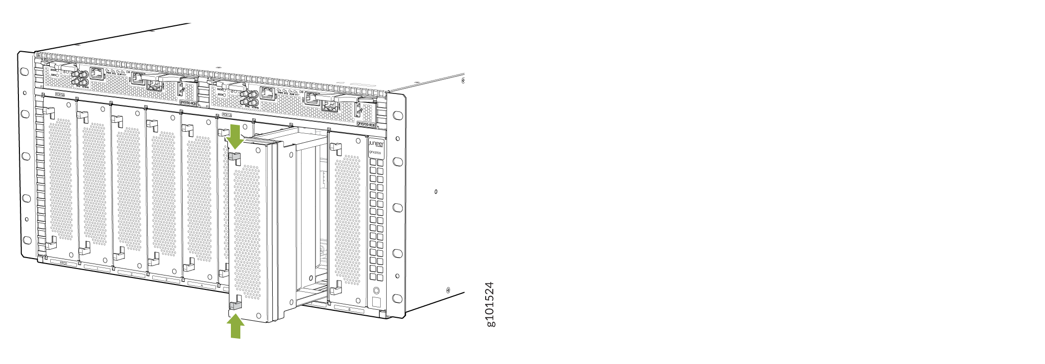 Juniper Networks chassis-based system with a module being inserted or removed, guided by green arrows.