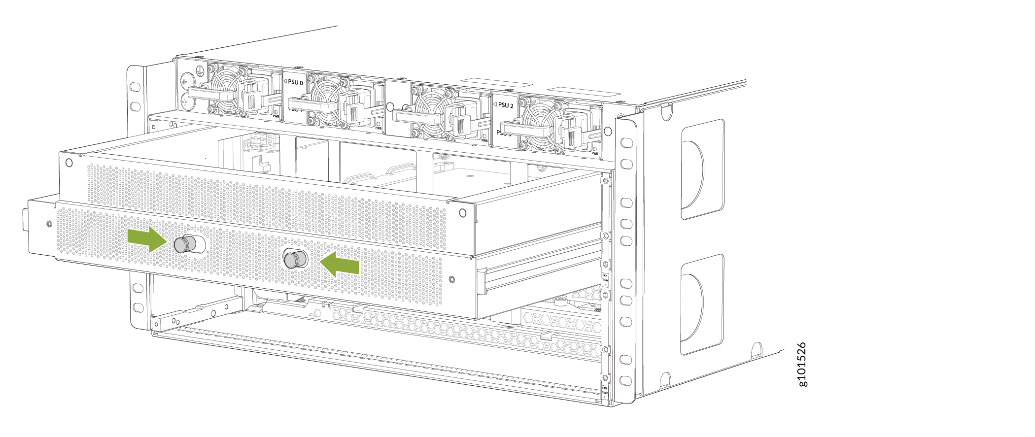 Technical illustration of a server's chassis with four power supply units labeled PSU 0 to PSU 3 and a removable module with green knobs for maintenance.