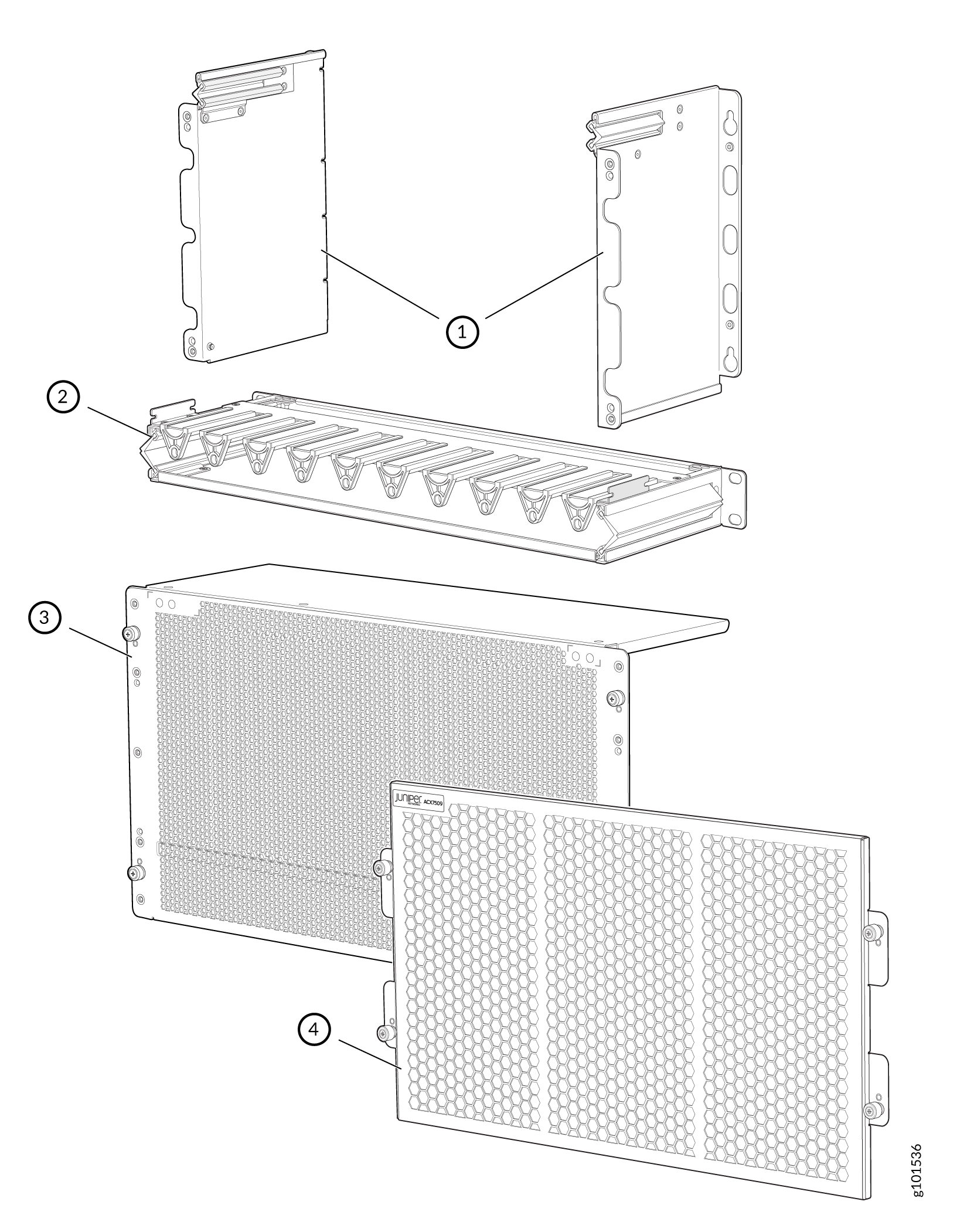 Technical diagram of network device components from Juniper Networks: side panels, cable management system, main chassis, and front panel air filter.