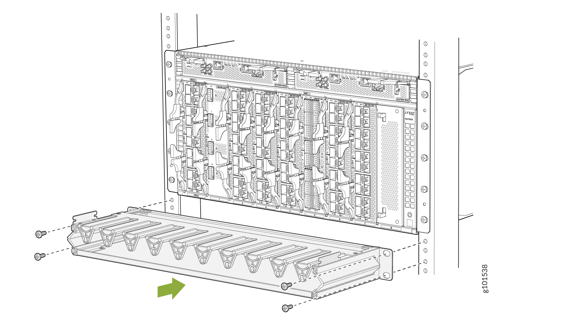 Cable management tray being installed or removed below a rack-mounted server, with screws and arrow indicating process.