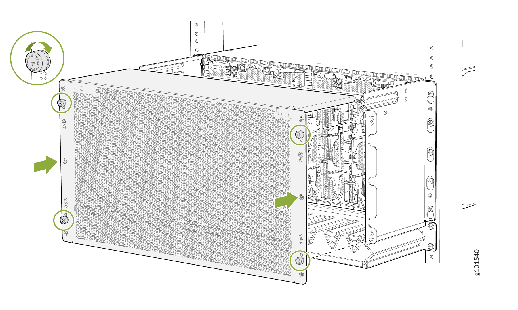 Removing or installing a server component in a rack with perforated front panel; arrows indicate direction and fasteners.