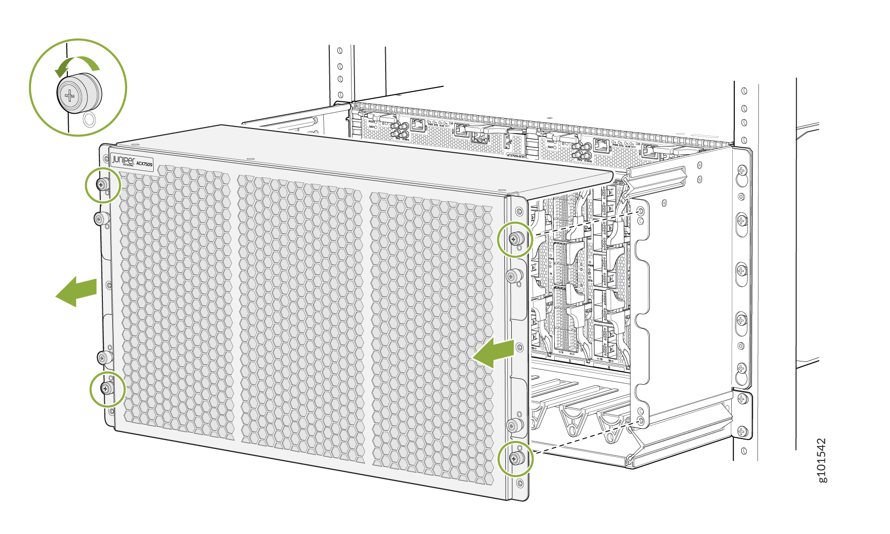 Installing or removing Juniper Networks ACX7000 series router module with screws. Arrows show direction. Front panel has honeycomb pattern.