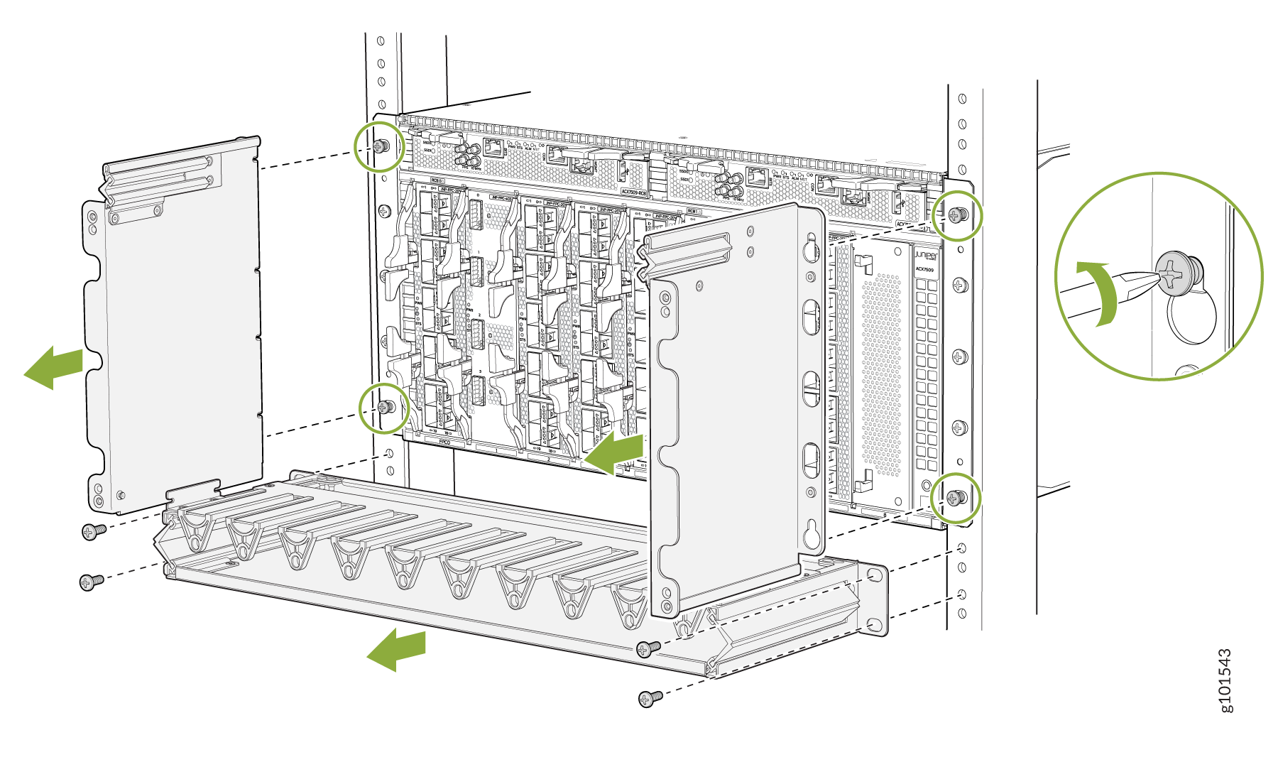 Illustration of assembling or disassembling a rack-mounted device. Arrows show panel and tray movement. Screws and positions highlighted.