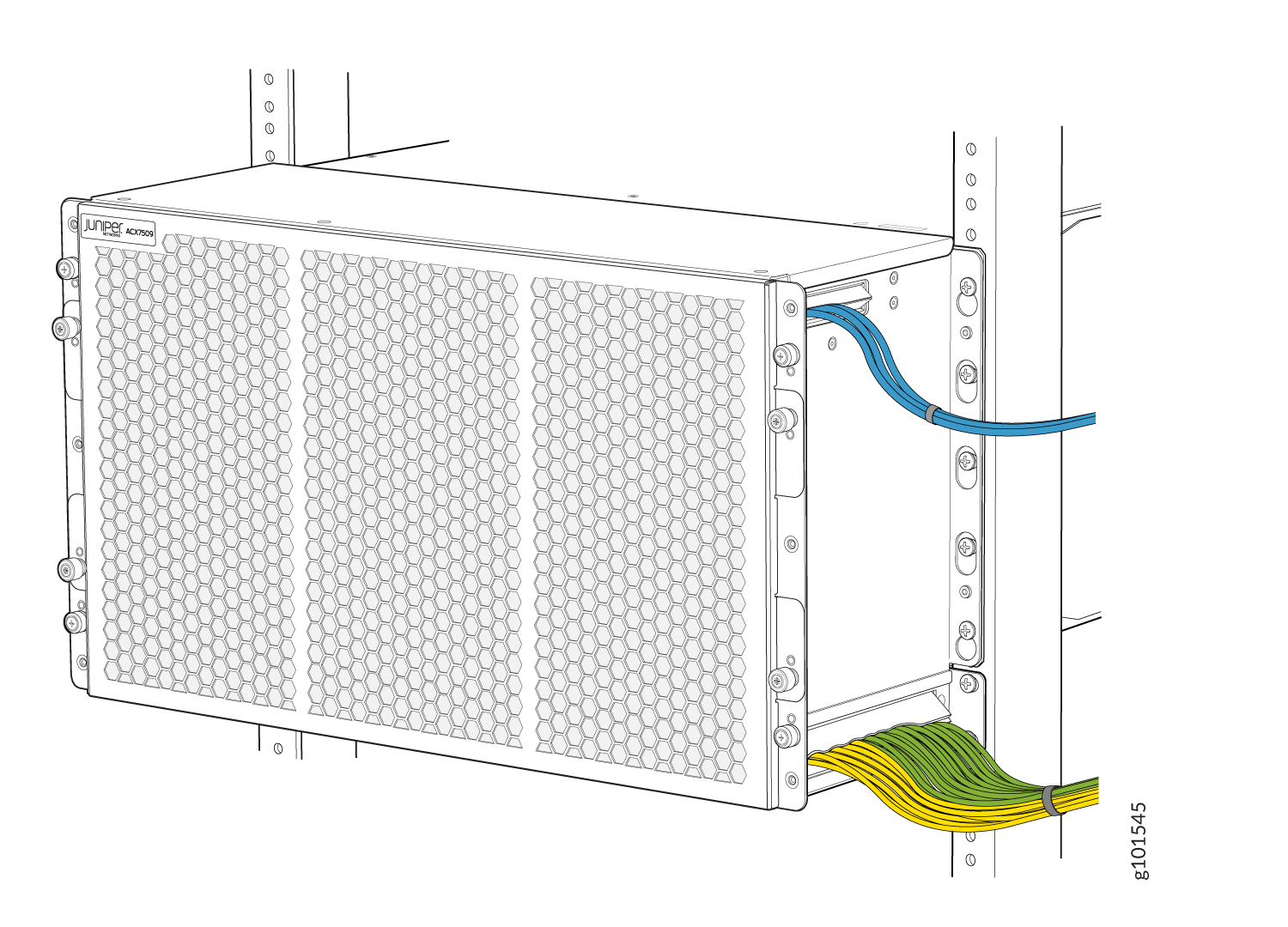 Juniper Networks ACX9000 router in a rack with honeycomb front panel and blue network and yellow power cables connected.