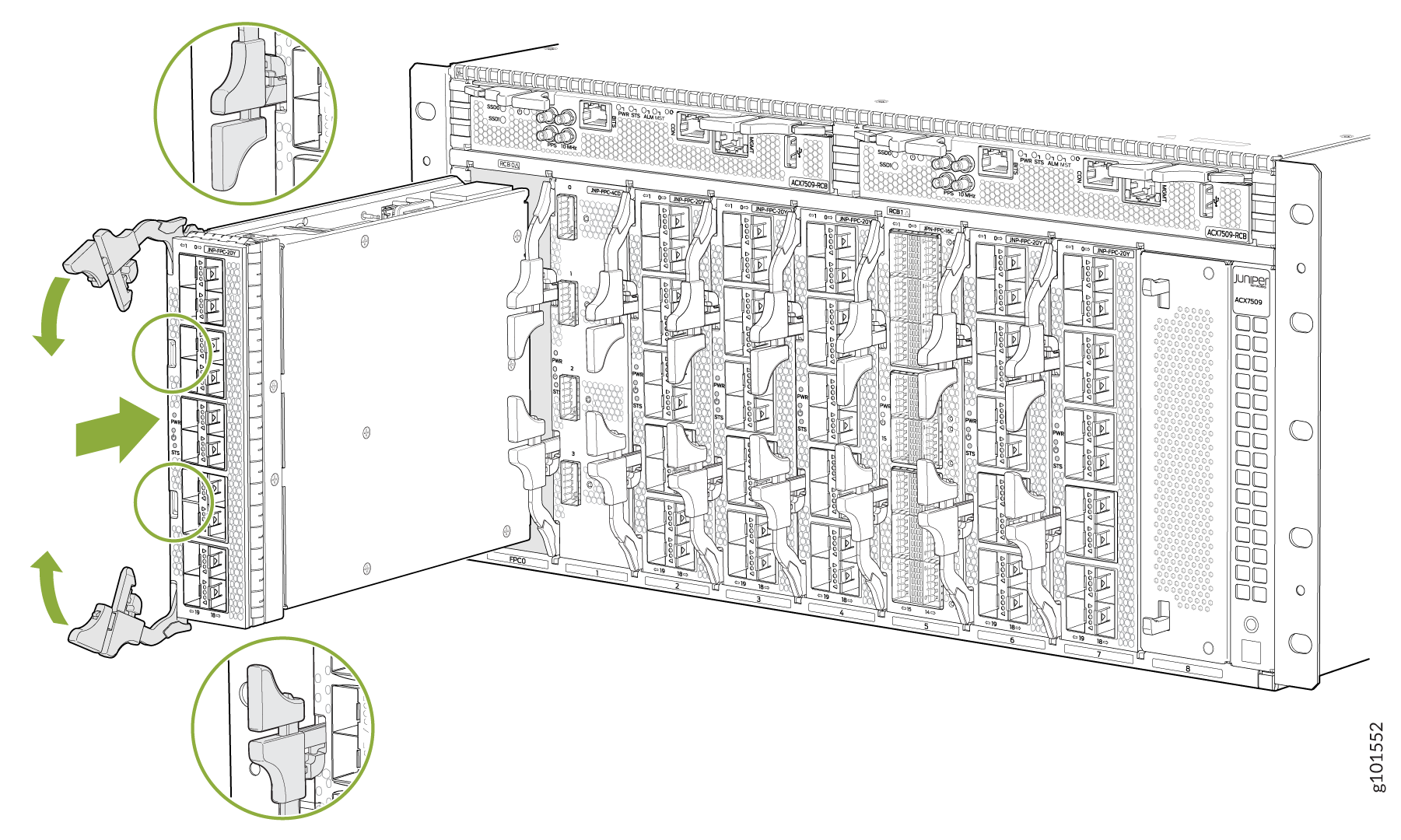Juniper Networks ACX7509 router chassis with a line card module being inserted or removed, showing card slots and handle locking mechanism.