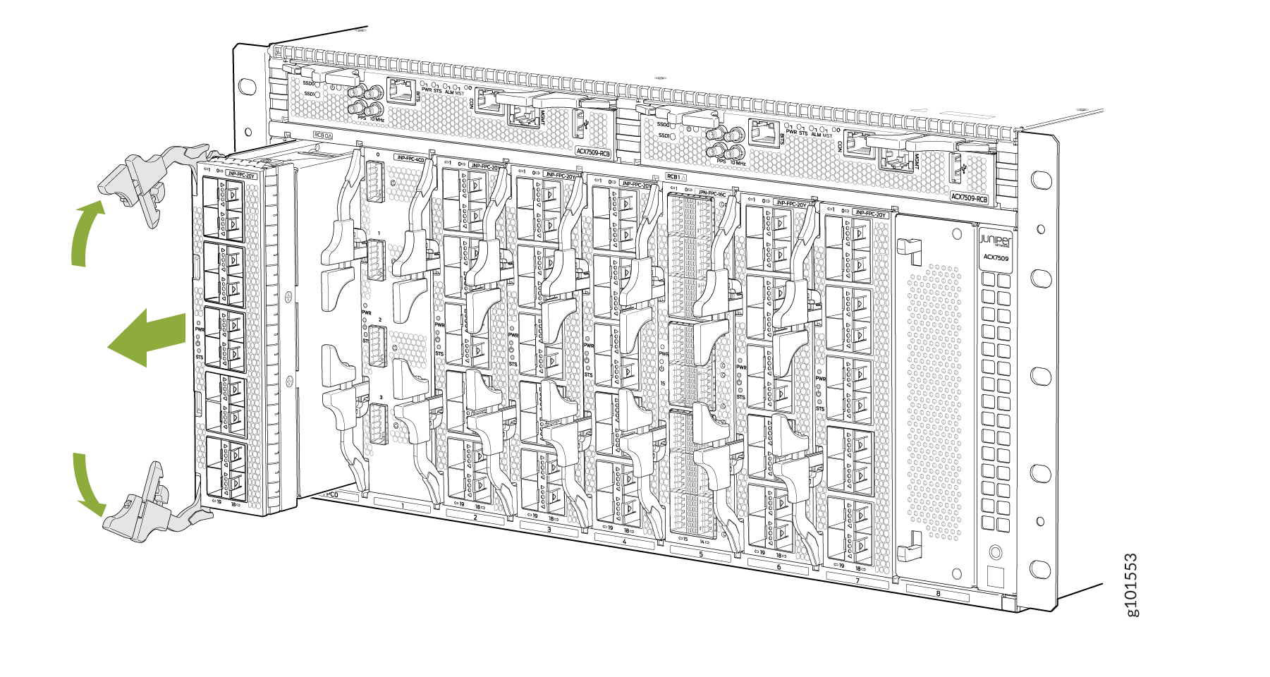 Juniper Networks ACX7509 router chassis front view with modular slots and green arrows showing module insertion or removal.