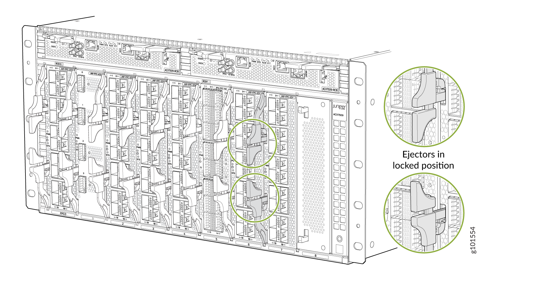 Juniper Networks ACX7509 router chassis front view showing slots for line cards with ejector handles in locked position for stability.