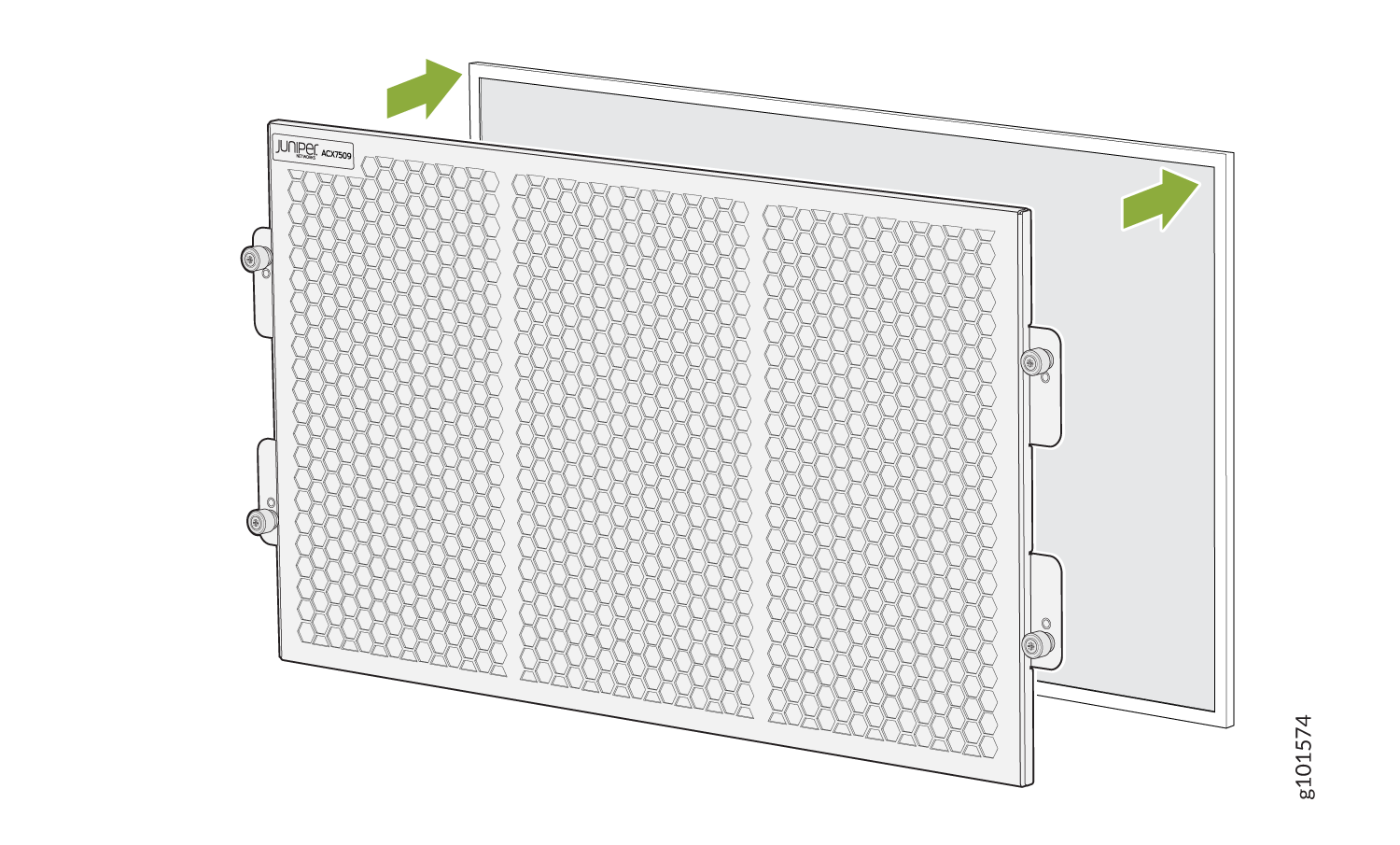 Removable air filter panel for Juniper Networks ACX7096 with honeycomb pattern for airflow and green arrows indicating removal direction.