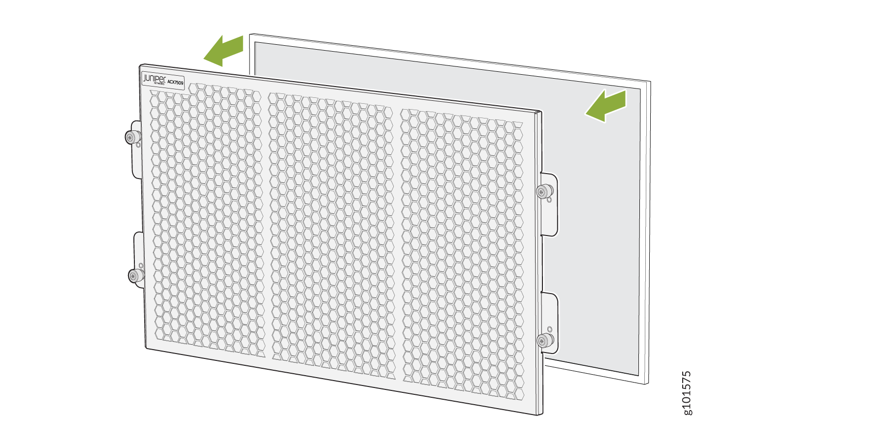 Removable air filter panel for Juniper Networks device with hexagonal pattern and green arrows indicating removal direction.