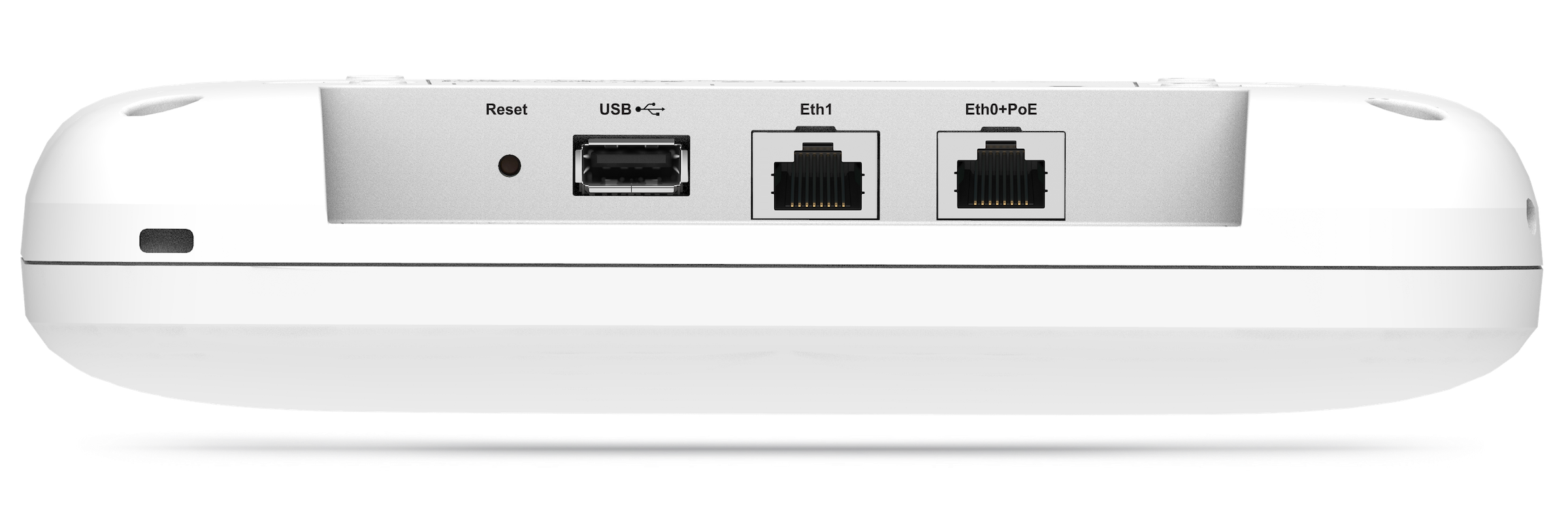 Back of a wireless access point showing a reset button, USB-C port, and two Ethernet ports labeled Eth1 and Eth0+PoE.