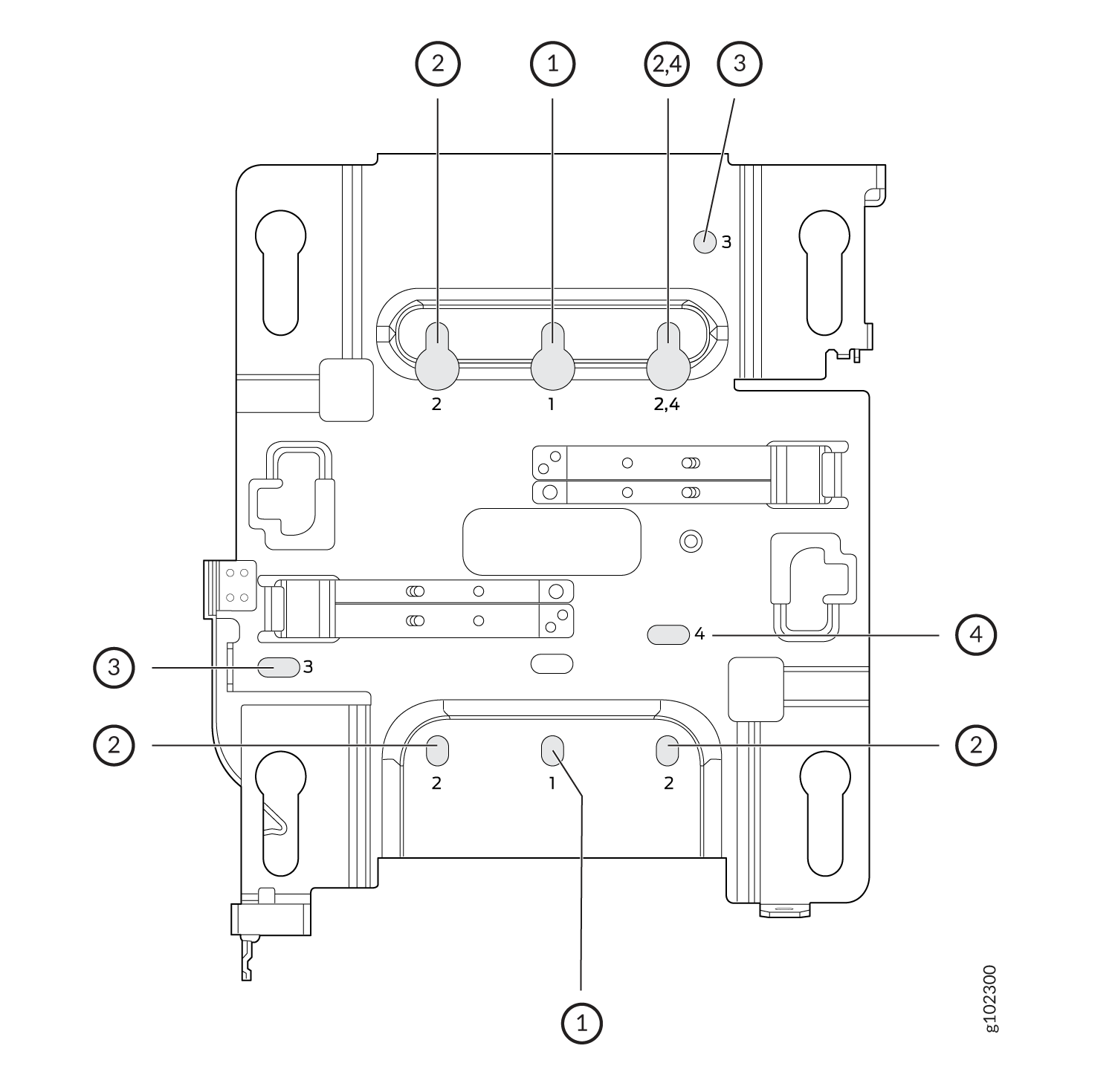 Technical diagram of a component with numbered labels for parts or features, indicating assembly or maintenance instructions.