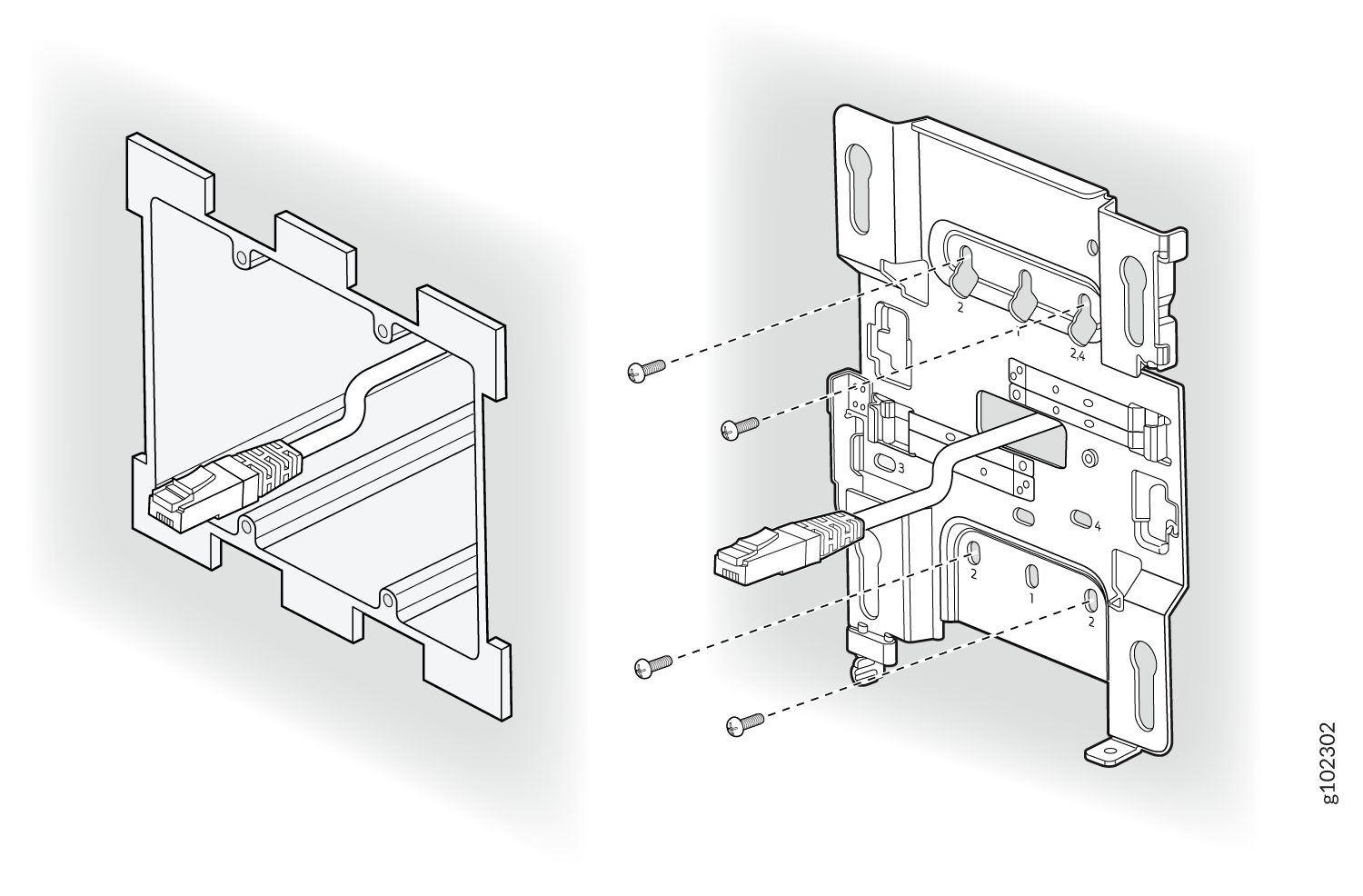 Wall-mounted bracket with cutouts and screw holes showing Ethernet cable routing and exploded view of screw placements for assembly.
